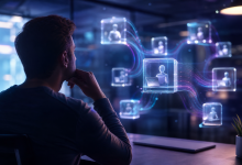 Pessoa analisando agentes digitais de inteligência artificial em uma tela sem textos legíveis
