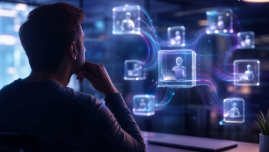 Pessoa analisando agentes digitais de inteligência artificial em uma tela sem textos legíveis