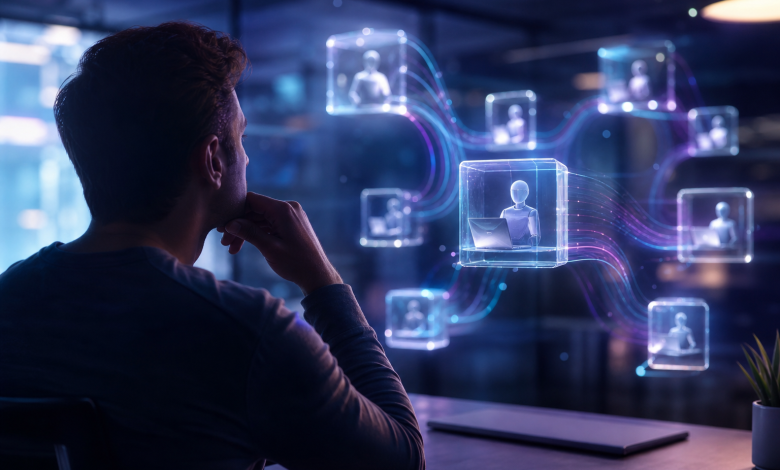 Pessoa analisando agentes digitais de inteligência artificial em uma tela sem textos legíveis