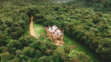 Vista aérea de um templo histórico em restauração, cercado por árvores e montanhas, com um caminho atravessando o gramado.